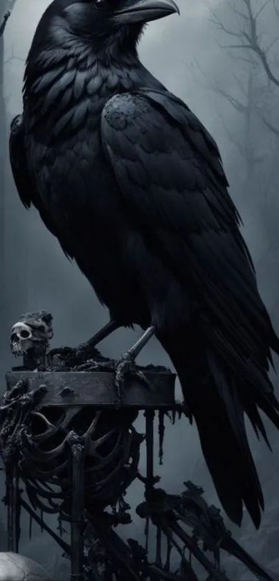 Dark raven perched on a skull throne in a misty forest.