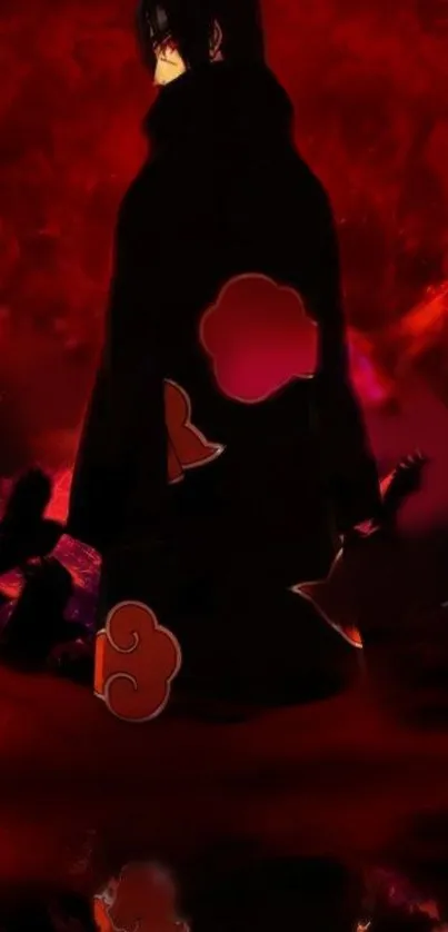 Mysterious anime figure with red background on phone wallpaper.