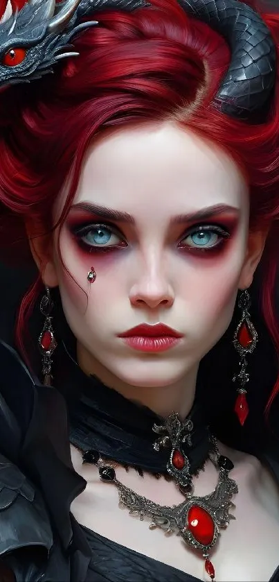 A fantasy artwork of a mystical lady with red hair and dragon elements.