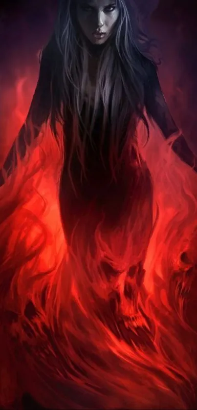 Mystical figure surrounded by elegant red flames on a mobile wallpaper.