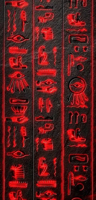 Mobile wallpaper of red glowing hieroglyphs on a dark background.