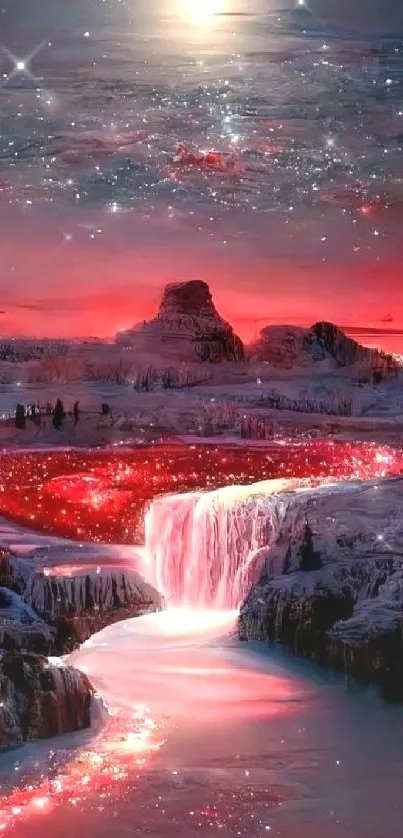 Mystic landscape with red glowing river under a starry sky.