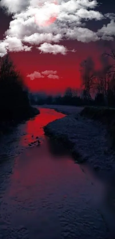 Red river at sunset with dramatic clouds in a mystical twilight scene.