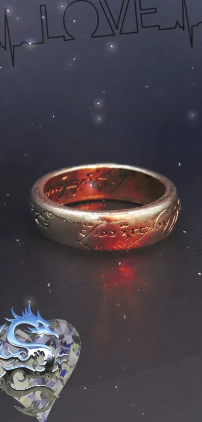 Cosmic wallpaper with mystical ring and heart-shaped emblem.