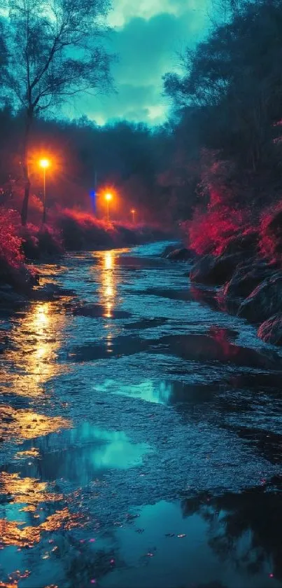 Mystical river at night with glowing lights and vibrant colors.