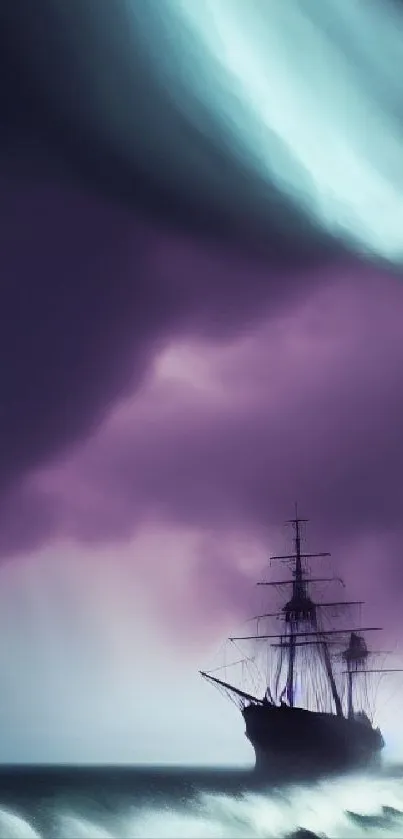 Sailing ship in stormy ocean with purple and teal sky.