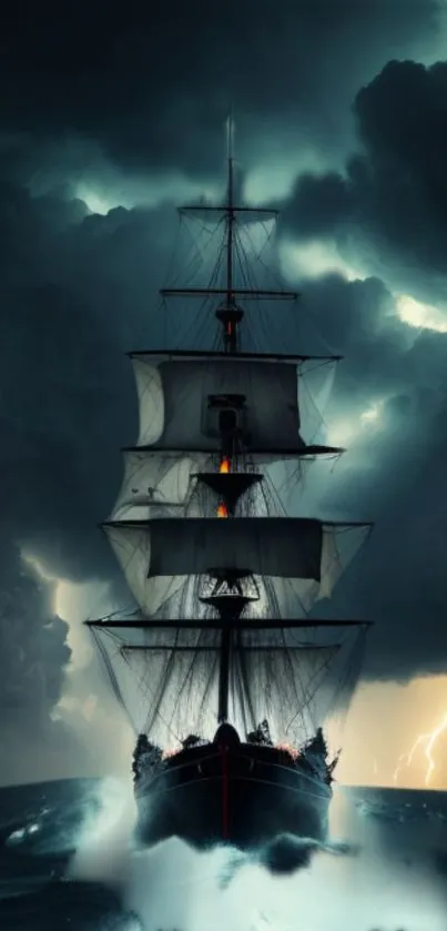 Sailing ship through stormy seas with lightning and dark clouds.