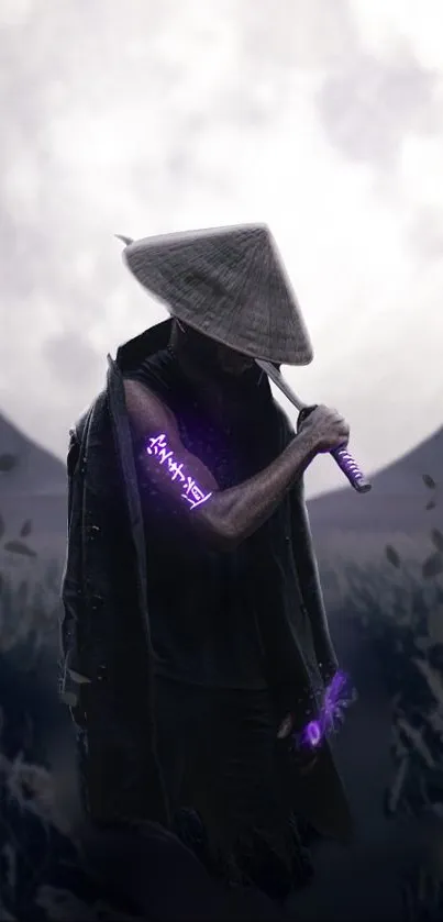 Mystical samurai standing under a full moon with neon purple accents.