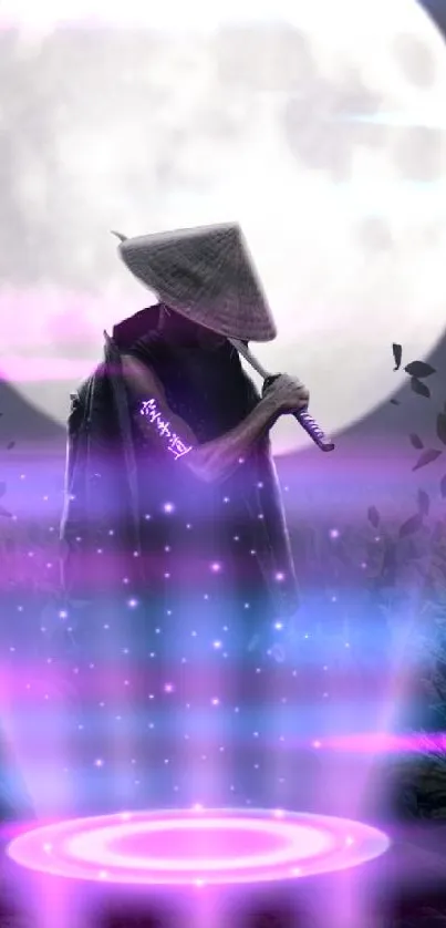 Samurai with a purple glow under a full moon, surrounded by an ethereal landscape.