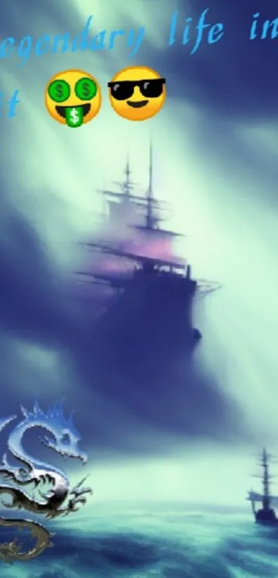 Mystic ship on a stormy sea with a dragon emblem in a dark blue scene.