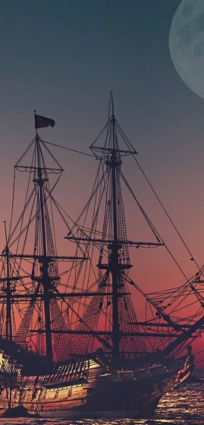 Sailing ship silhouetted against sunset with moon.