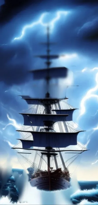 A ship sails dramatically through stormy seas with lightning strikes on a phone wallpaper.