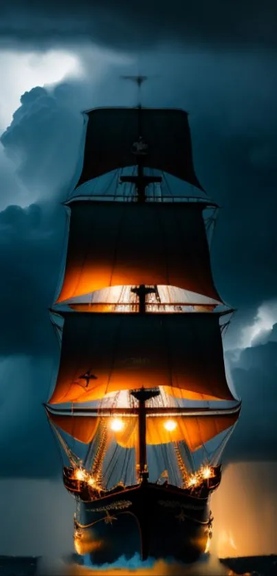 Tall ship sailing through stormy ocean with dramatic skies.