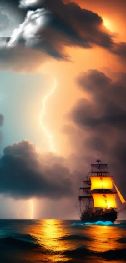 Sailing ship on a stormy sea under a moonlit sky, with lightning and dramatic clouds.