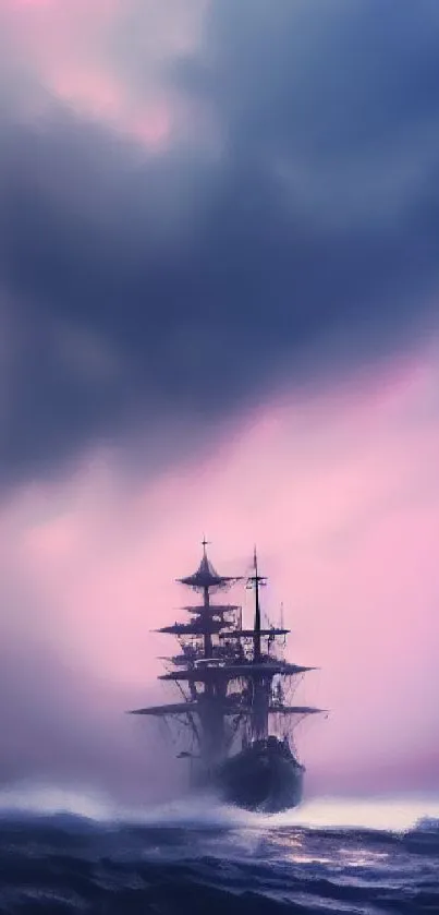 Ship sailing under a dramatic pink and purple sky.