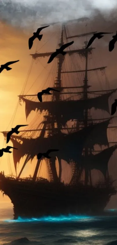 Silhouetted ship at sunset with birds flying.