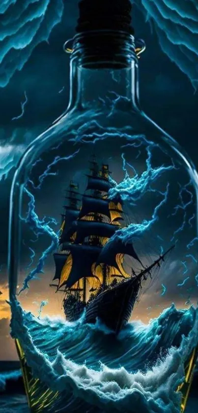 Mysterious ship sailing inside a glass bottle with stormy seas and dramatic sky.