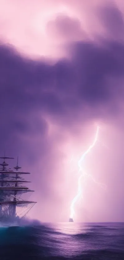 Purple storm with ship and lightning on ocean.