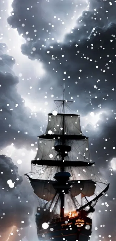 Historic ship sailing in a storm with snowflakes falling.