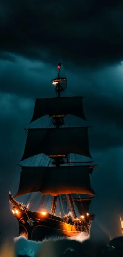 Mystic ship sailing at night through a stormy sea, illuminated by warm lights.