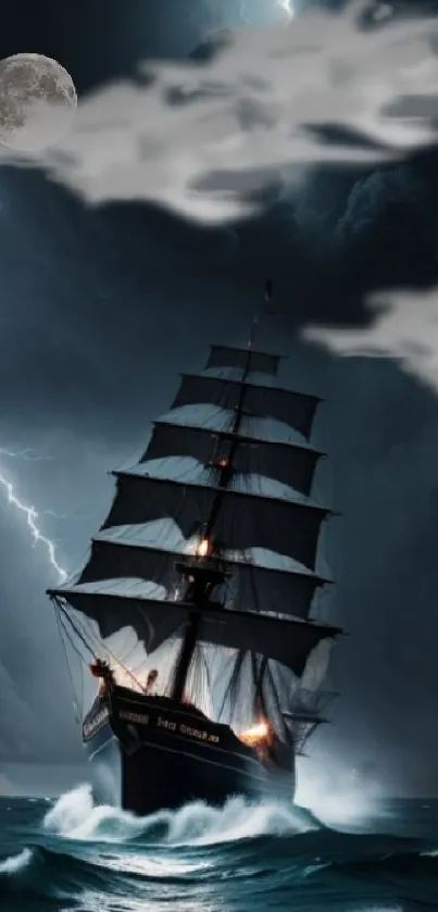 A ship sails through stormy seas under a moonlit sky, creating a dramatic scene.