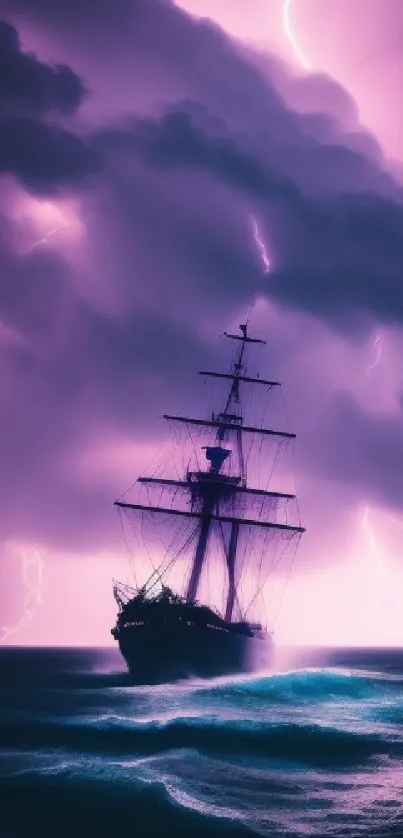 A mystic ship sails through a stormy purple night with lightning and waves.