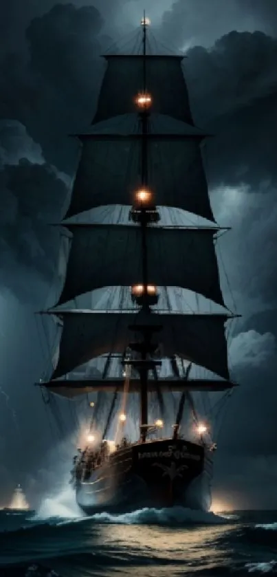 Tall ship sails through stormy seas with lightning in the background.