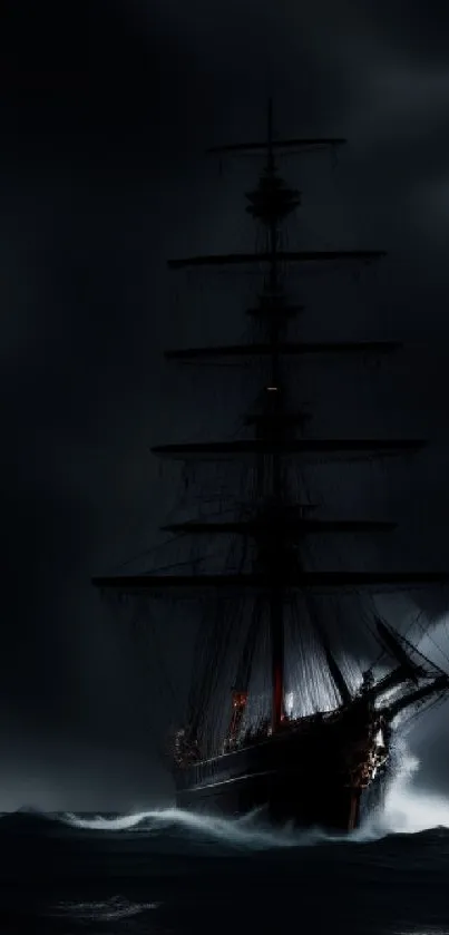 Mystic ship sailing stormy seas at night with dark, moody clouds overhead.