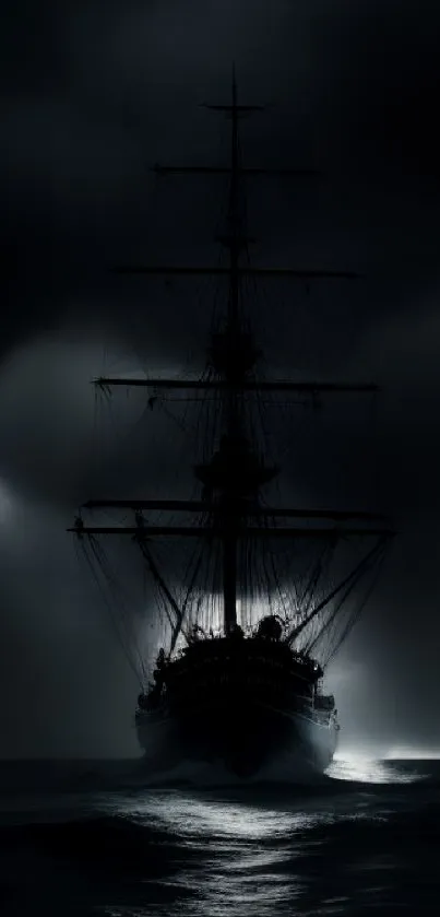 A mysterious ship sails through a dark, stormy night on the ocean.