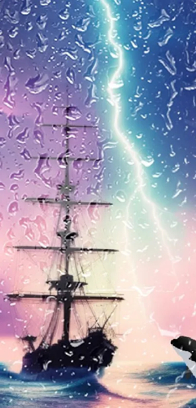 Ship on ocean with dramatic lightning and whale silhouette.