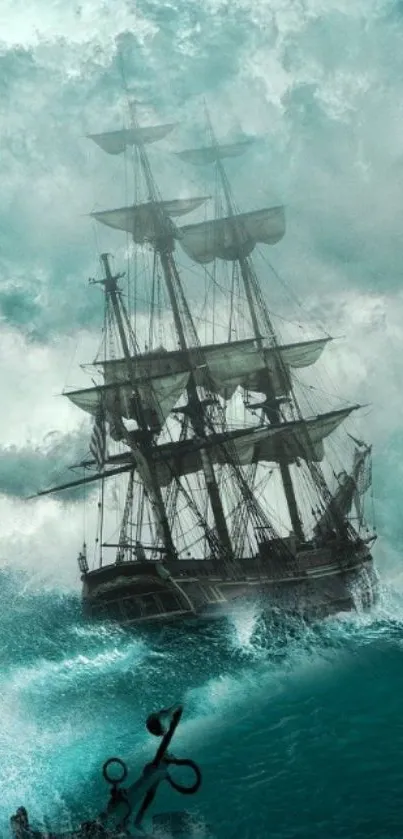 Majestic ship navigating stormy ocean waves.