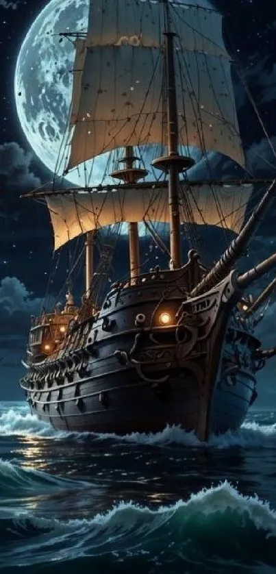 A majestic ship sails under a full moon in a starry night sky.