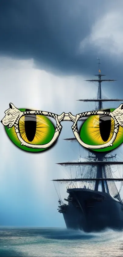 Mystical ship with eye-catching cat eyes, set against a striking ocean background.