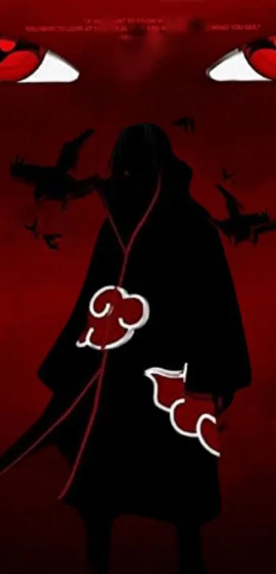 Anime silhouette with red eyes and a dark cloak on a vivid red background.