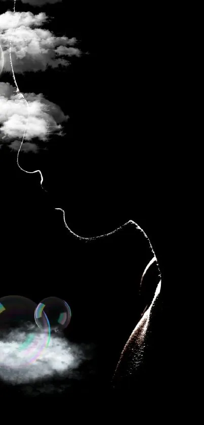 Silhouette with moon and bubbles on a dark background wallpaper.