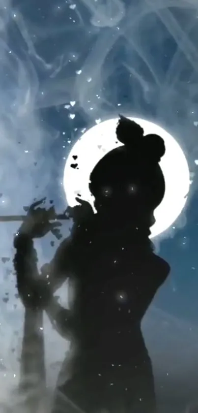 Mystic silhouette of a musician against a moonlit background with ethereal smoke.