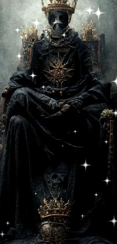 Gothic skeleton king in a dark, eerie setting with a crown on a throne.