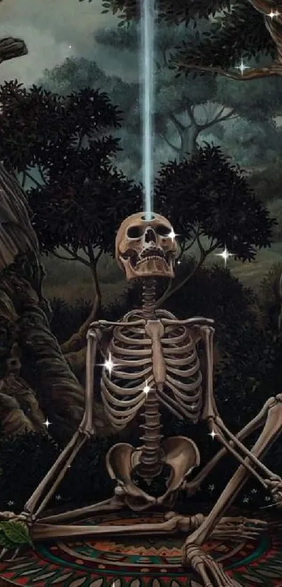 Skeleton meditates under trees in dark forest art.