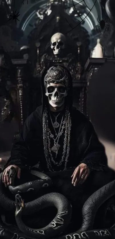 Mysterious skull figure with serpents in dark gothic setting.