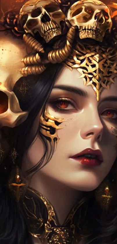 Fantasy art wallpaper with a mystic skull theme, rich in golden highlights.