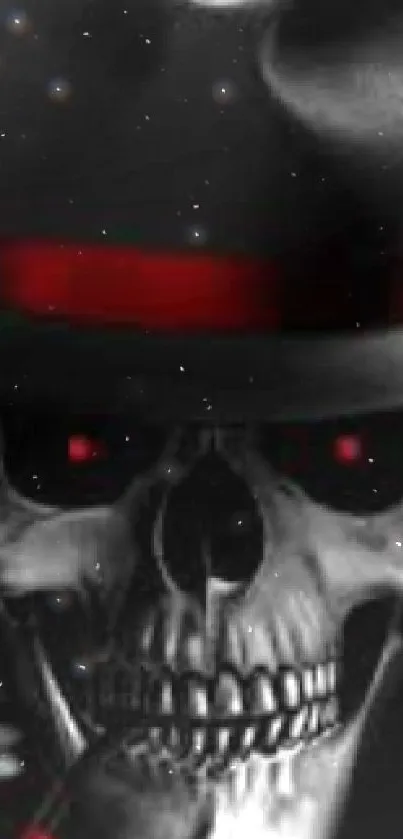 Skull with a fedora hat and red eyes on a black background.