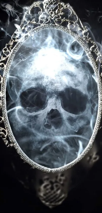 Ornate mirror with skull and smoke effect, creating a gothic and mystical vibe.