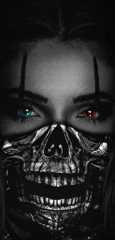 A striking face with a metallic skull mask and colorful eyes on a dark background.