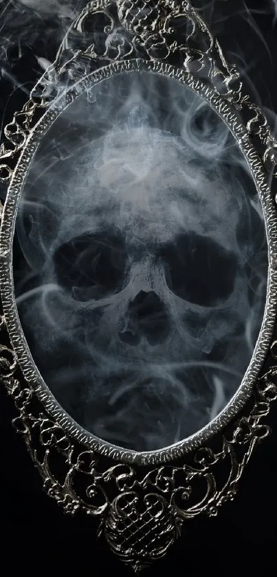 Skull reflected in ornate mirror with swirling smoke.