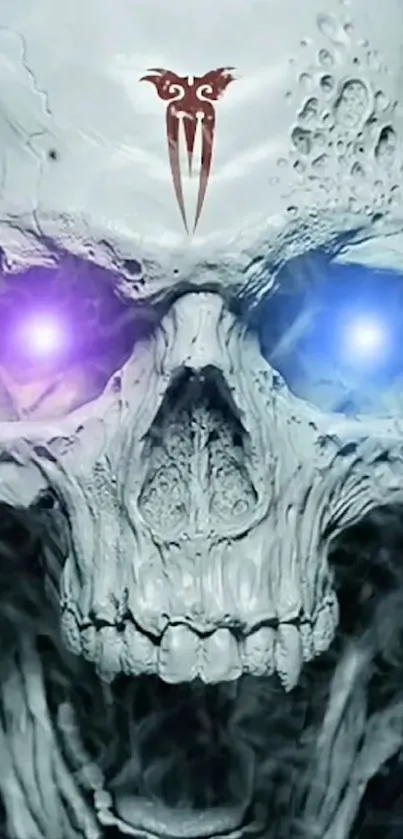 Mystic skull wallpaper with glowing eyes.