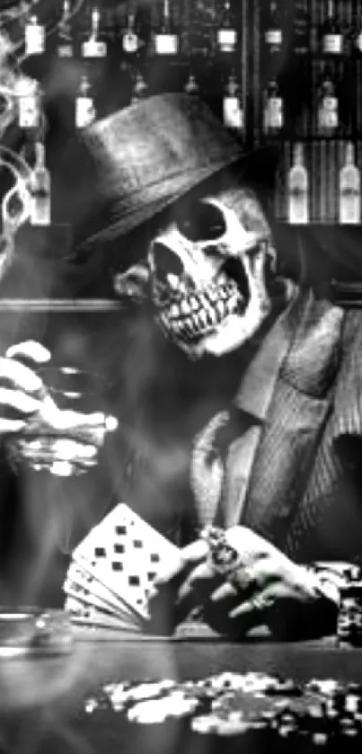 Skull in suit holding poker cards with smoke and dark bar background.