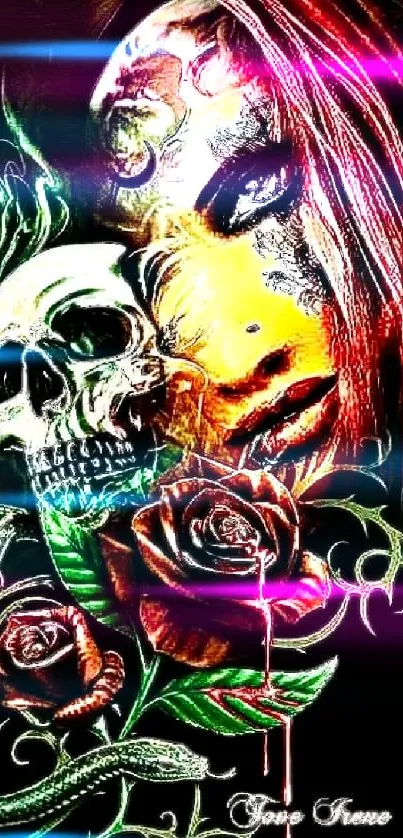 Mystic skull and rose art wallpaper with vibrant colors and an enigmatic face design.