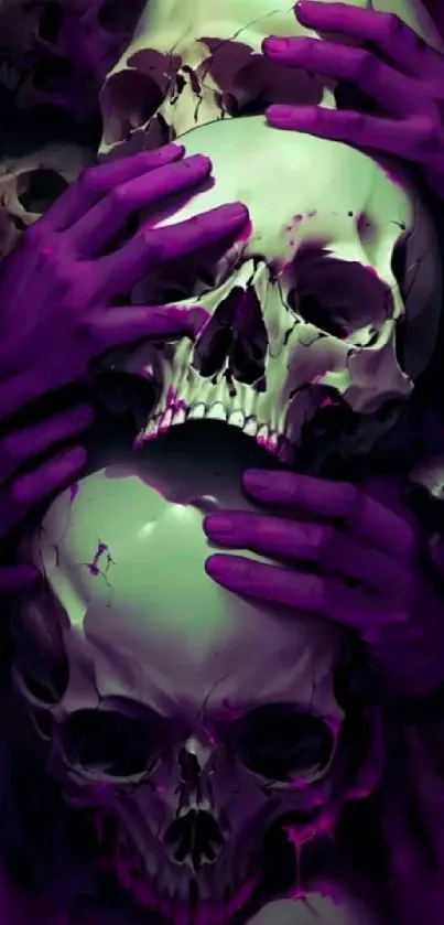 Purple hands cradle eerie skulls on a dark background.