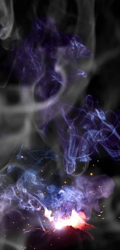 Abstract artwork with purple smoke and sparks on a dark background.