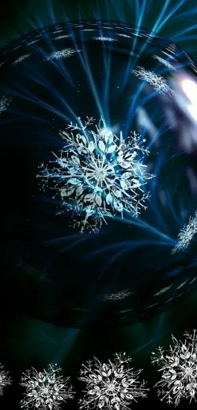 Mystic snowflake design within a sphere on a blue background.